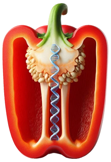 a red pepper with a dna strand inside